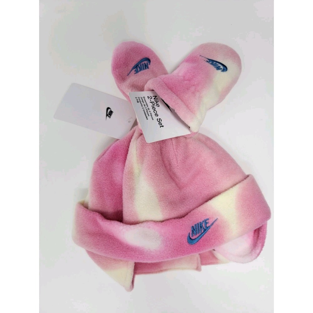 NWT Nike Fleece Trapper Style Hat Mittens Set Baby  12-24mth Pink Tie Dye Swoosh